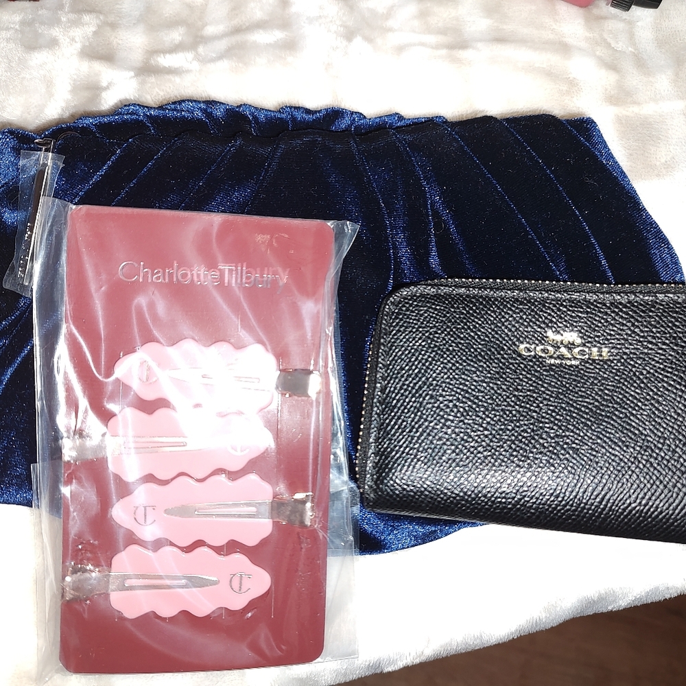Coach Black Leather Zip Wallet and Charlotte Tilbury Hair Clips